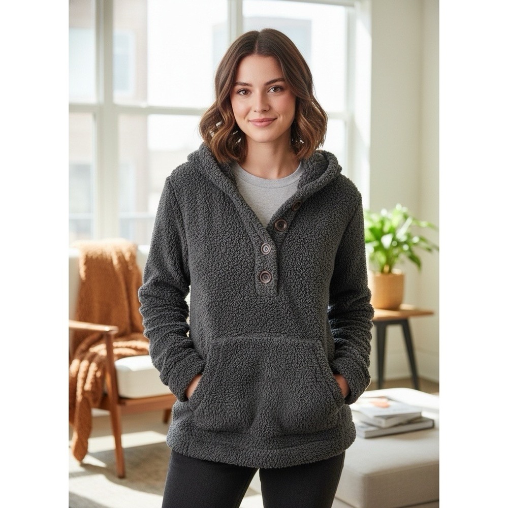 LIV Sherpa Fleece Hoodie Medium Live Integrity Earth Cozy Hooded Pullover Pocket
